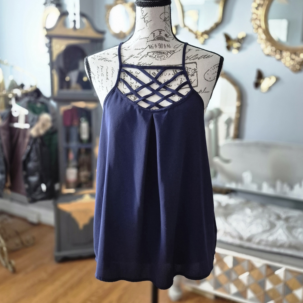 Monteau Navy Blue Camisole with Crisscross Neckline Medium